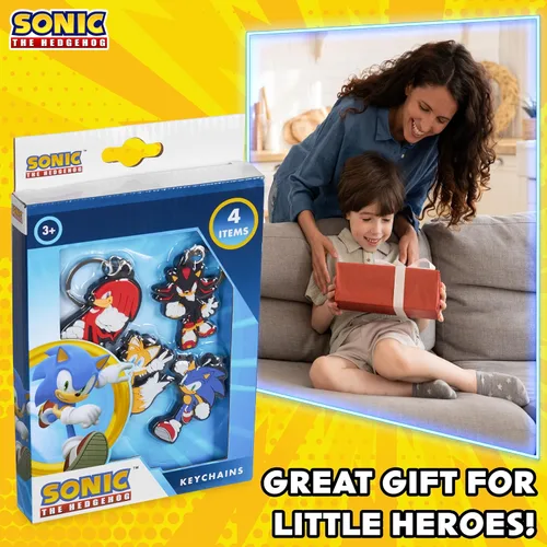 Vista 5 de Sonic The Hedgehog Llaveros de goma para niños, nudillos, cola de sombra para niños, coleccionables, paquete de 4 mini figuras, juego de llaveros