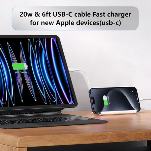 Vista 2 de Cargador para iPad de carga rápida, cable USB-C de 6 pies y bloque de cargador USB C de 20 W, paquete de 1 para Apple iPad A16 11th 10th, Pro 13