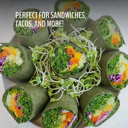 Vista 6 de WrawP Mini envolturas vegetales orgánicas – SPIRULINA (paquete de 4) ESTABLES EN ESTANTE, todo natural, sin gluten, paleo, vegano crudo. Perfecto