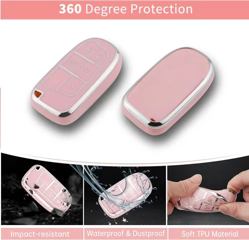 Vista 4 de Pangpai Funda para llavero rosa para Jeep, funda de protección de TPU suave con llavero brillante compatible con Jeep Grand Cherokee Renegade