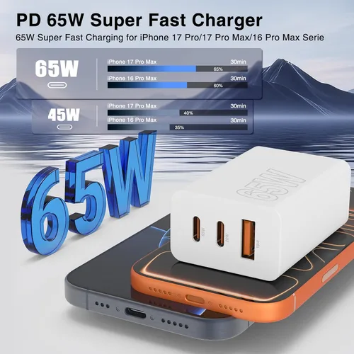 Vista 2 de USB C de carga súper rápida de 65 W para iPhone 17 16 Pro Max, bloque de carga USB C de 3 puertos de 100 W y cable trenzado tipo C de 3/6/6/10 pies