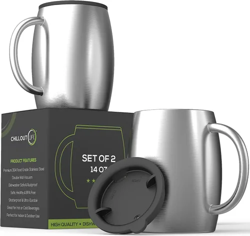 Vista 10 de Juego de 2 tazas de café aisladas de acero inoxidable (14 onzas) de doble pared con tapa y asa resistentes a derrames, tazas inastillables