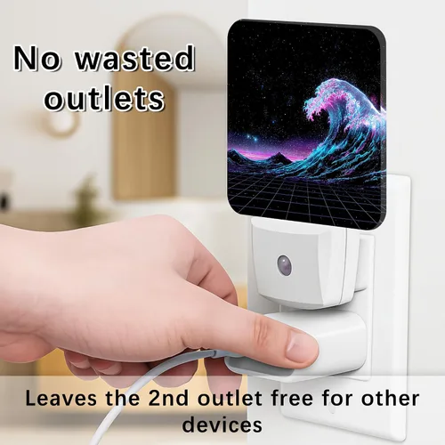 Vista 4 de Waves Night Lights Plug Into Wall, Retro Futuristic Stars Mountains Summer Blue Smart Led Plug in Night Lights for Wall Socket for Bedroom Kids Room
