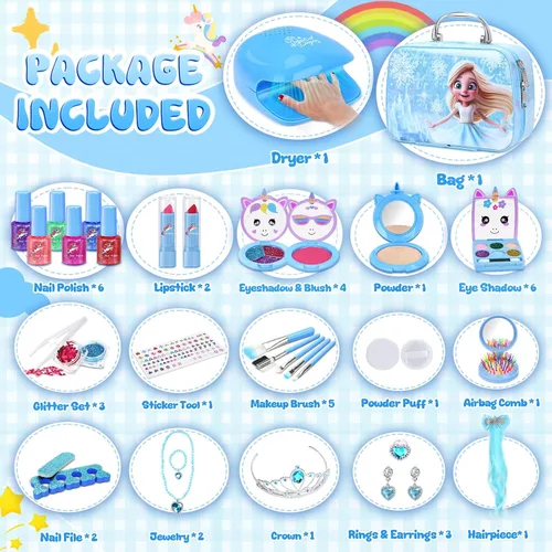 Vista 3 de PERRYHOME Kit de maquillaje para niños para niña, cosmético lavable real congelado, juguetes congelados no tóxicos, juego de uñas para niños