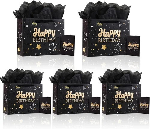 Vista 17 de Powbrace Bolsa de regalo de cumpleaños número 30 negra de 13 pulgadas con papel de seda y tarjeta de felicitación para fiestas, bolsa de regalo