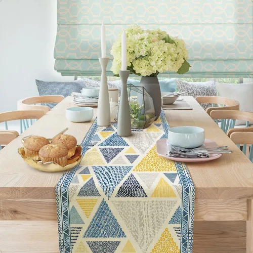 Vista 4 de Camino de mesa amarillo y azul, caminos de mesa de arte geométrico abstracto para comedor, cocina, sala de estar, vacaciones y decoración de mesa