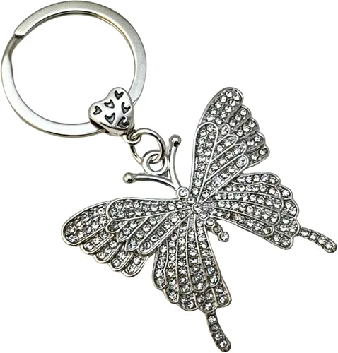 Vista 4 de Llavero de mariposa plateada - Cubierto de diamantes de imitación - Bolsa con cordón - 3 pulgadas de largo, plateado