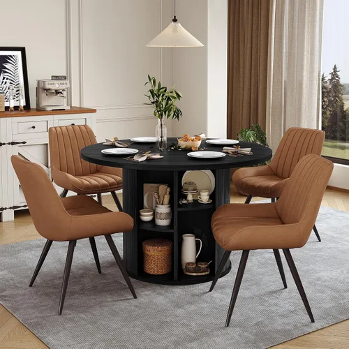 Vista 15 de Miereirl Juego de mesa y sillas de comedor moderno redondo, con una mesa de comedor de madera equipada con compartimentos de almacenamiento