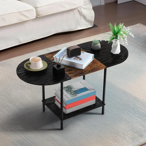 Vista 8 de Mesas de café negras para sala de estar, mesa de centro oval pequeña de mediados de siglo con estante de almacenamiento y tablero de madera, mesa