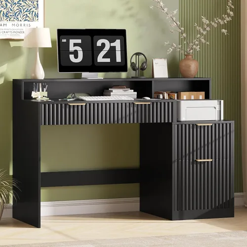 Vista 9 de Vabches Escritorio ejecutivo acanalado con cajones, escritorio de madera para computadora con amplio cajón de archivos, escritorio de oficina