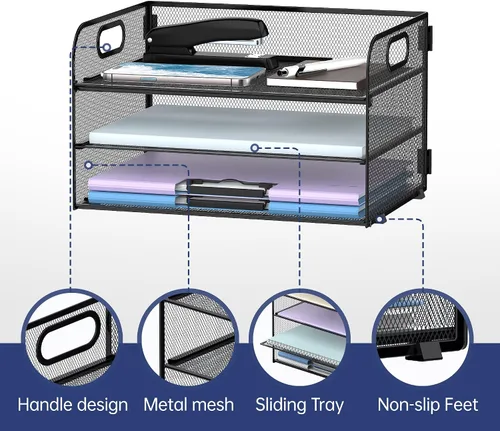 Vista 3 de Supeasy Organizador de papel de 3 niveles con asa, organizador de escritorio de malla, bandeja de cartas, bandeja de papel organizador de archivos