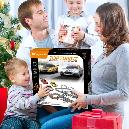 Vista 7 de Slot Car Race Track a escala 1:43 para niños, pistas LED eléctricas, doble carreras, 4 autos con faros, juguete grande, juego de pistas de regalo