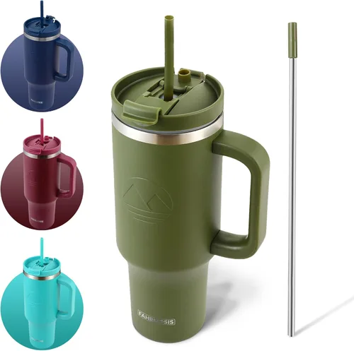 Vista 20 de FAHRMOSIS Vaso de 40 onzas con asa y pajita, taza aislada que cabe en el portavasos para bebidas frías y calientes, vaso a prueba de fugas