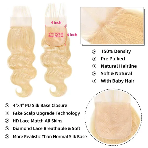 Vista 5 de YISEA Paquetes de Cabello Rubio 613 con Cierre Cabello Brasileño Ondulado 3 Paquetes con Cierre Paquetes de Cabello Humano Rubio con Cierre Cabello