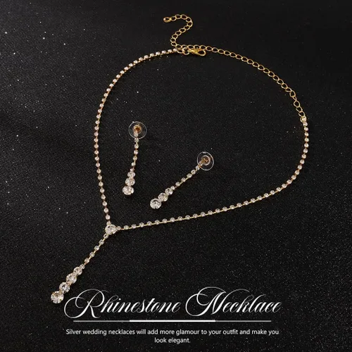 Vista 2 de Yean Juego de joyas nupciales de plata con diamantes de imitación, collar y pendientes, joyería de graduación para mujeres y novias