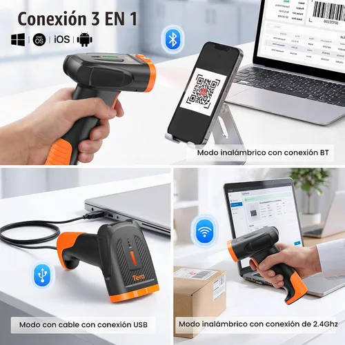 Vista 5 de Tera Escáner de código de barras inalámbrico de mano: con batería de polímero de litio de 2200 mAh funciona con Bluetooth 2.4G inalámbrico USB