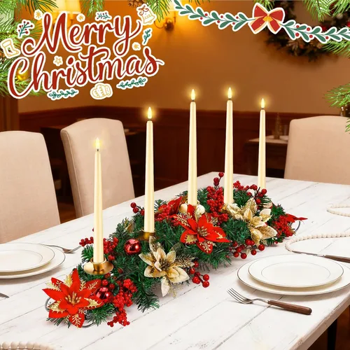 Vista 3 de Sliner Centro de Mesa Navideño de Sobremesa de 30 Pulgadas Portavelas de Flor de Pascua con 5 Velas Largas Artificiales LED sin Llama de Punta
