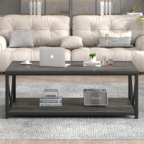 Vista 7 de FOLUBAN Mesa de centro con almacenamiento, mesas centrales pequeñas modernas para espacios pequeños, mesa de cóctel de madera rústica y metal