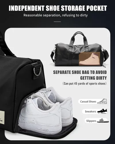 Vista 5 de Bolsa de viaje de cuero con bolsa para zapatos, bolsa de deporte de gimnasio, bolsa impermeable para fines de semana para hombres y mujeres, Negro
