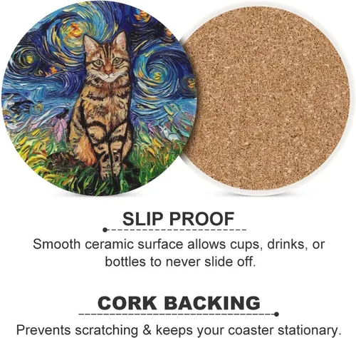 Vista 7 de Van Gogh - Juego de 4 posavasos abstractos de cerámica de diatomita absorbentes con base de corcho, protección de mesa, adecuados para mesas de Gato