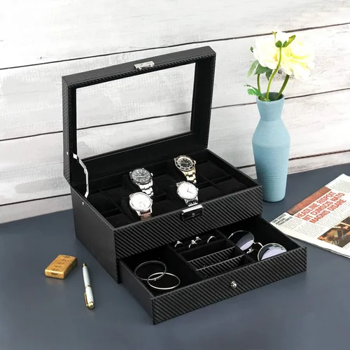 Vista 6 de Oyydecor Caja de reloj con 12 ranuras, organizador de relojes, organizador de joyas con cajón de joyería para almacenamiento y exhibición