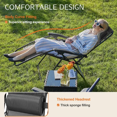 Vista 3 de Silla de gravedad cero Sweetcrispy, juego de 2 sillas reclinables portátiles para playa, camping, patio, exterior, plegables, con portavasos y Negro