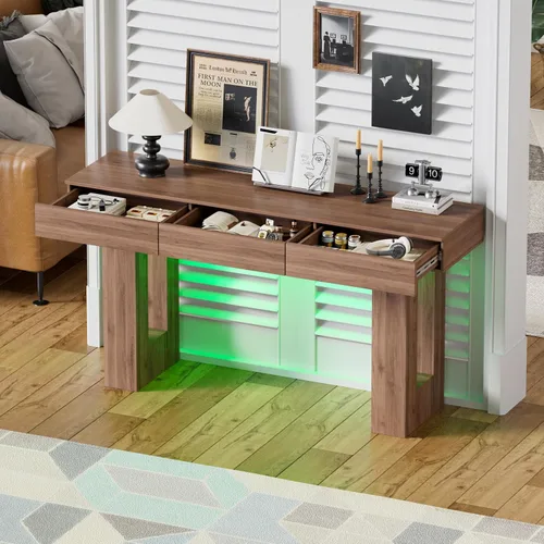 Vista 8 de PAKASEPT - Mesa de consola de 63 pulgadas con luces LED coloridas y 3 cajones, mesa de sofá rectangular de madera detrás del sofá, mesa de entrada