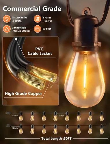 Vista 2 de 50FT LED Outdoor String Lights Waterproof with 27 Edison Vintage Shatterproof Bulbs, Hanging Commercial Grade Outdoor Patio Lights for Backyard
