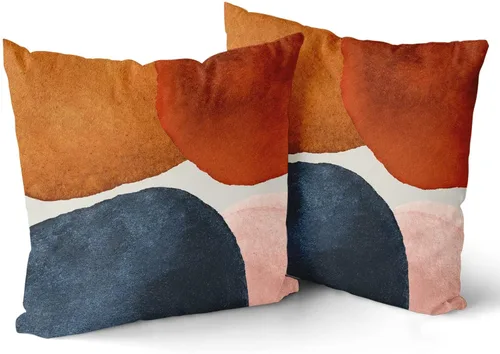 Vista 2 de Juego de 2 fundas de almohada bohemias de 16 x 16 pulgadas, color azul marino y naranja, modernas, con estampado geométrico abstracto