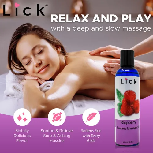 Vista 6 de Lick Aceite de masaje con sabor a frambuesa, aceite de masaje comestible de bayas brillantes con aceite de almendras dulces y vitamina E