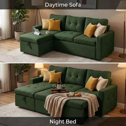 Vista 3 de HIPIHOM Sleeper Sectional Sofa with Pull-Out Bed, Reversible Storage Chaise Dark Green