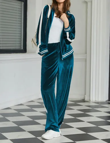 Vista 2 de Ekouaer Conjunto deportivo de terciopelo de terciopelo para mujer, 2 piezas, sudadera con cremallera y pantalones deportivos con bolsillos, tallas