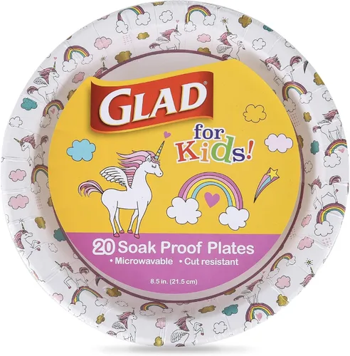 Vista 7 de Glad para Niños Platos de Papel Desechables Redondos con Temática de Unicornio - Resistentes, A Prueba de Absorción, Platos Aptos para Microondas