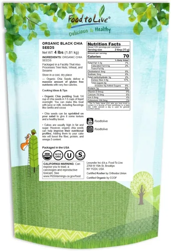Vista 2 de Food to Live - Semillas orgánicas de chía negra, 4 libras - Sin OMG, enteras, germinables, veganas, kosher, Keto, Sirtfood, a granel