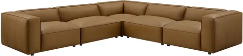 Vista 8 de Modway Auren Sofá modular de cuero vegano de 5 piezas en color camello – Piel sintética en forma de L – Cómodo sofá moderno de piel sintética – Sofá