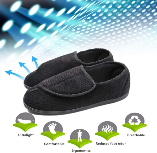 Vista 5 de Pantuflas diabéticas para hombre, extra anchas, espuma viscoelástica, cómodas, con cierre ajustable para pies hinchados, edema, artritis, ancianos