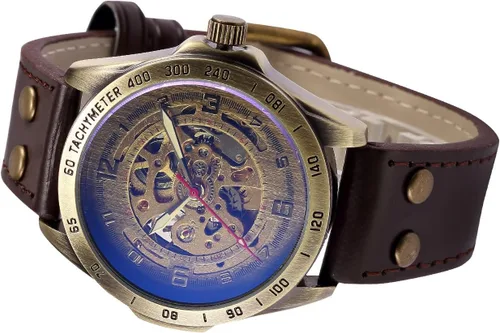 Vista 5 de reloj estilo vintage, carcasa de bronce, cuero marrón, mecánico automático, hombres, PMW368