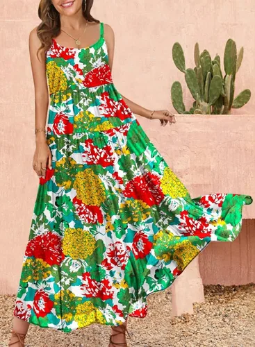 Vista 2 de YESNO - Vestidos largo de verano para mujer 2022 estilo casual y bohemio holgado con estampado floral bolsillos y tirantes delgados E75