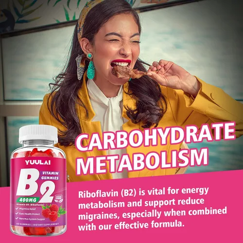 Vista 6 de Gomitas de vitamina B2 de 400 mg Suplemento de riboflavina con magnesio para niños y adultos, gomitas B2 para aliviar la migraña, el sistema