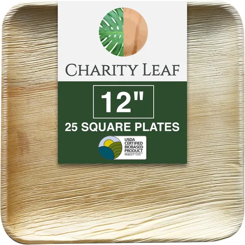 Vista 8 de Charity Leaf Platos cuadrados desechables de bambú de 11 pulgadas (25 piezas) Platos de bambú para servir, tableros desechables, vajilla ecológica