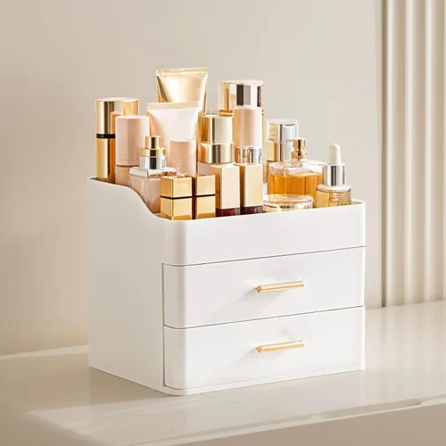 Vista 4 de HBlife Organizador de maquillaje para tocador con 2 cajones, organizador grande de cosméticos para encimera de baño, almacenamiento para el cuidado
