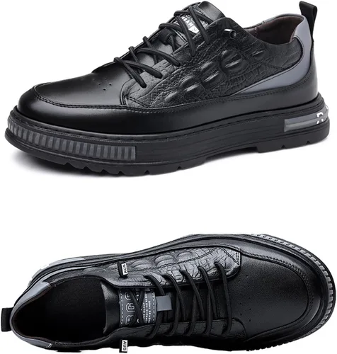 Vista 2 de Zapatos de piel de vaca impermeables con patrón de cocodrilo para hombre, levantamiento de altura, antideslizante, casual, suela suave, Oxford