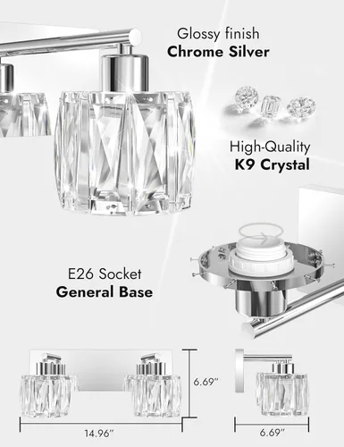 Vista 6 de VOLISUN Luces de Tocador de Cristal - 2 Luces Modernas de Acero Inoxidable para Baño Sobre Espejo, Acabado Cromado - Certificado UL