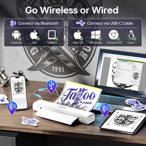 Vista 6 de Phomemo Impresora de plantillas de tatuaje actualizada, TP81 impresora de tatuaje Bluetooth con 10 piezas de papel de transferencia, compatible