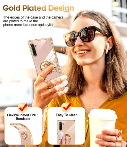 Vista 6 de LeYi Funda para Note 10 - Soporte de anillo giratorio de 360°, soporte magnético, funda protectora con borde de oro rosa chapado