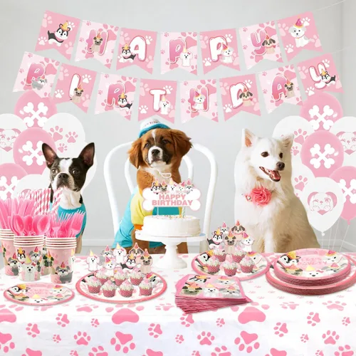 Vista 7 de Decoraciones de fiesta de perro – Suministros de fiesta de cumpleaños de perro para niña, platos de cachorro rosa, vasos, servilletas, mantel