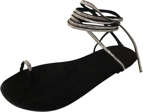 Vista 4 de AODONG Sandalias planas para mujer, sandalias de gladiador hasta la rodilla, con cordones, zapatos de verano, sandalias planas de playa