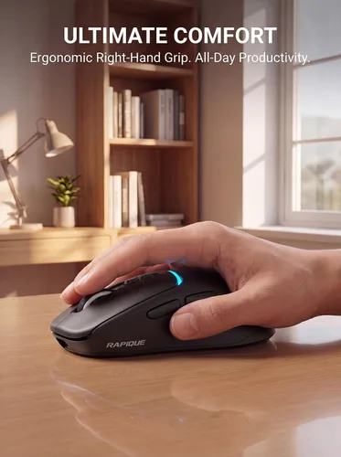 Vista 4 de RAPIQUE Ratón inalámbrico Bluetooth, Bluetooth dual + 2.4G, conecta hasta 3 dispositivos, USB-C recargable, clic silencioso, 4 niveles de DPI hasta