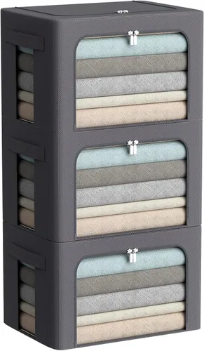 Vista 14 de Paquete de 3 cajas de almacenamiento con marco, bolsas de almacenamiento de ropa, tela Oxford, plegable, apilable, juego organizador con ventana