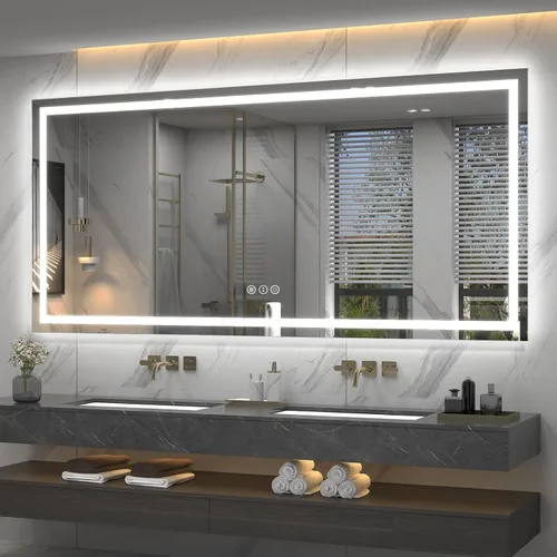 Vista 10 de Espejo de baño LED iluminado de 30 x 30 pulgadas para pared, espejo cuadrado de tocador con luces, regulable, antivaho, a prueba de roturas